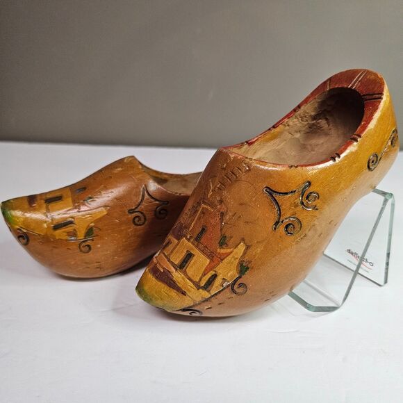 Vtg Wooden Dutch Clog Shoes Handcarved Painted 7" Holland Windmill - Picture 6 of 7